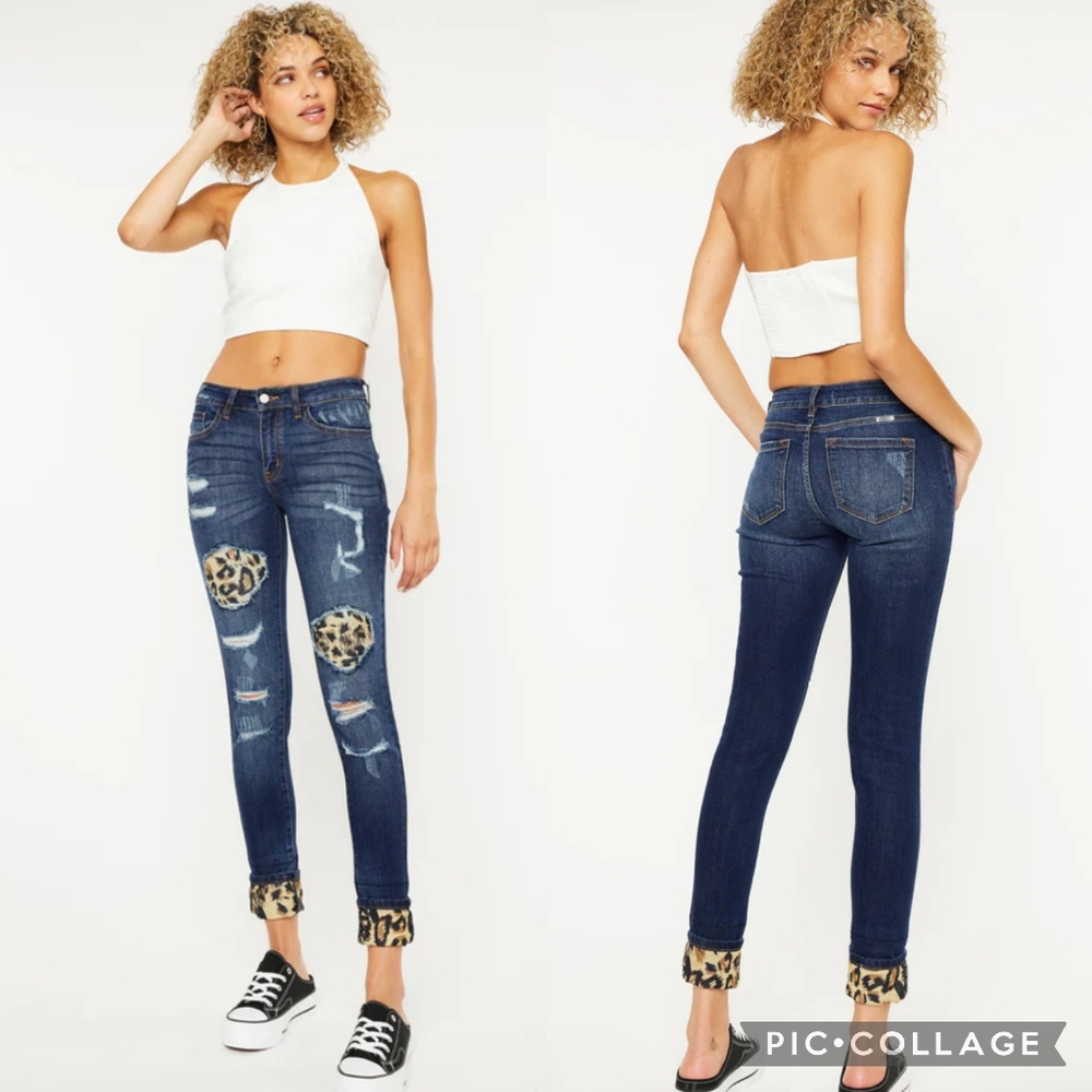 Kancan Vienna Women's 5/26 Super Skinny Jeans Leopard Cutouts Distressed Mobwife